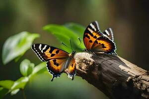 two butterflies are sitting on a branch. AI-Generated photo