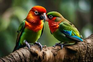 two colorful birds sitting on a branch. AI-Generated photo