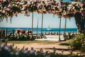 a swing with flowers hanging from it in front of the ocean. AI-Generated photo
