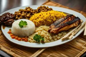 un plato de arroz, carne, y vegetales con palillos. generado por ai foto