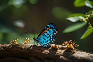 un azul mariposa se sienta en un rama. generado por ai foto