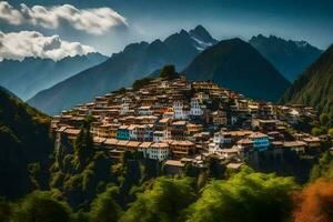 un pueblo en parte superior de un montaña rodeado por arboles generado por ai foto