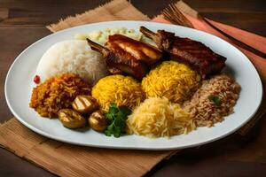 the food is arranged on a plate with rice, meat, and rice. AI-Generated photo