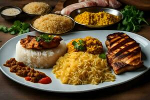 un plato de comida con arroz, pollo y vegetales. generado por ai foto