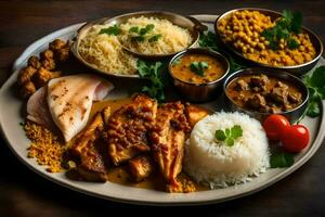 a plate of indian food with rice, meat, and vegetables. AI-Generated photo