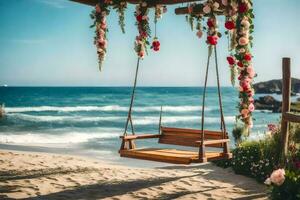 a swing on the beach with flowers hanging from it. AI-Generated photo