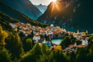 the sun shines over a village in the mountains. AI-Generated photo