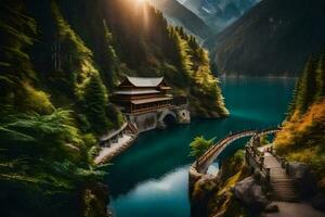 un puente terminado un lago en el montañas. generado por ai foto