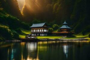 un hermosa lago con un pagoda en el antecedentes. generado por ai foto