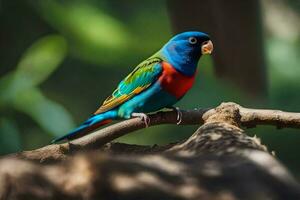 a colorful bird sits on a branch. AI-Generated photo