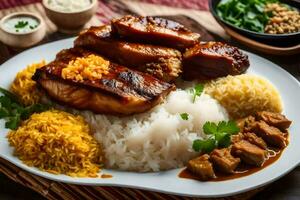 the food is served on a plate with rice, meat and rice. AI-Generated photo