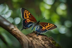 un mariposa es sentado en un árbol rama. generado por ai foto