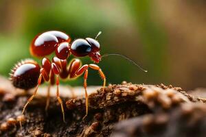 a red ant is standing on a log. AI-Generated photo