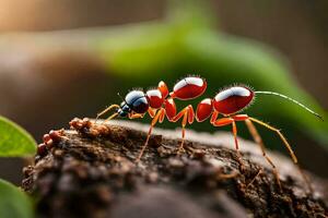 a red ant is standing on a log. AI-Generated photo