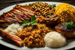 a plate of food with rice, beans, meat and rice. AI-Generated photo