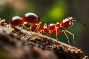 un rojo hormiga hormiga gateando en un rama. generado por ai foto