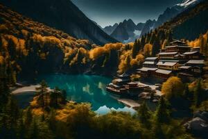 a lake surrounded by mountains and trees. AI-Generated photo