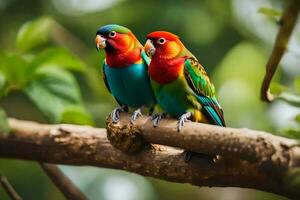 dos vistoso aves sentado en un rama. generado por ai foto