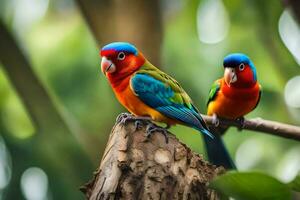 two colorful birds sitting on a branch. AI-Generated photo