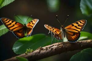 dos mariposas son sentado en un rama. generado por ai foto