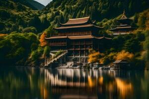 a chinese temple is reflected in the water. AI-Generated photo