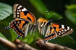 dos mariposas son sentado en un rama. generado por ai foto