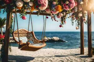 a swing on the beach with flowers. AI-Generated photo