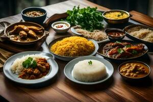 a table with many different dishes of indian food. AI-Generated photo