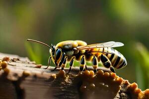 a bee on a log with a green background. AI-Generated photo