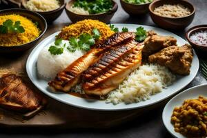 un plato de comida con arroz, carne y vegetales. generado por ai foto