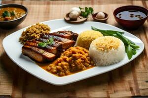 el comida es servido en un blanco plato con arroz, frijoles y vegetales. generado por ai foto