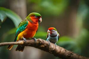 two colorful birds sitting on a branch. AI-Generated photo