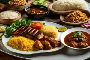 un plato de comida con arroz, carne y vegetales. generado por ai foto