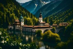 a beautiful mountain village surrounded by trees. AI-Generated photo