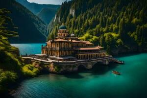 a beautiful church sits on a bridge over a lake. AI-Generated photo