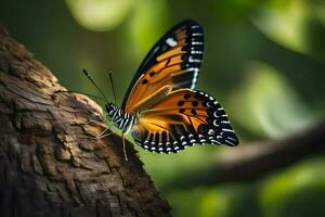 a butterfly is perched on a tree branch. AI-Generated photo