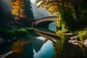 un puente terminado un río en el medio de un bosque. generado por ai foto