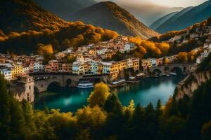 el hermosa pueblo de Italia en el montañas. generado por ai foto