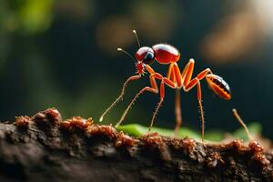 a red ant is standing on a branch. AI-Generated photo