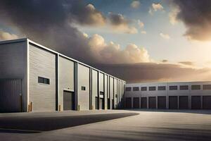 a large warehouse building with a sky background. AI-Generated photo