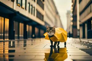 un gato en un amarillo impermeable caminando abajo un calle. generado por ai foto