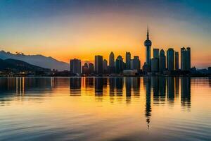 el ciudad horizonte de hong kong a puesta de sol. generado por ai foto