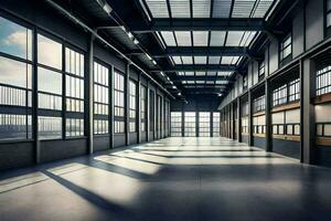 an empty warehouse with large windows and lots of sunlight. AI-Generated photo