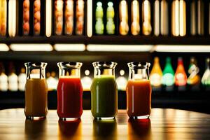 three different types of juices are lined up on a table. AI-Generated photo