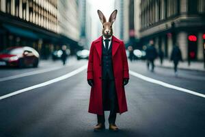 un Conejo vistiendo un rojo Saco y Corbata en pie en el calle. generado por ai foto