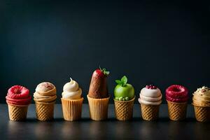 un fila de hielo crema conos con diferente sabores generado por ai foto