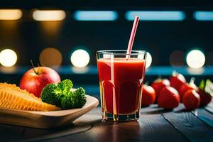 un vaso de jugo con un Paja y un plato de vegetales. generado por ai foto