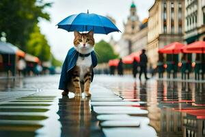 a cat in a blue coat with an umbrella. AI-Generated photo