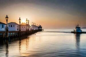 un barco es atracado a el muelle a puesta de sol. generado por ai foto