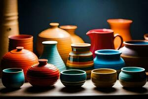 a collection of colorful pottery vases and jugs. AI-Generated photo